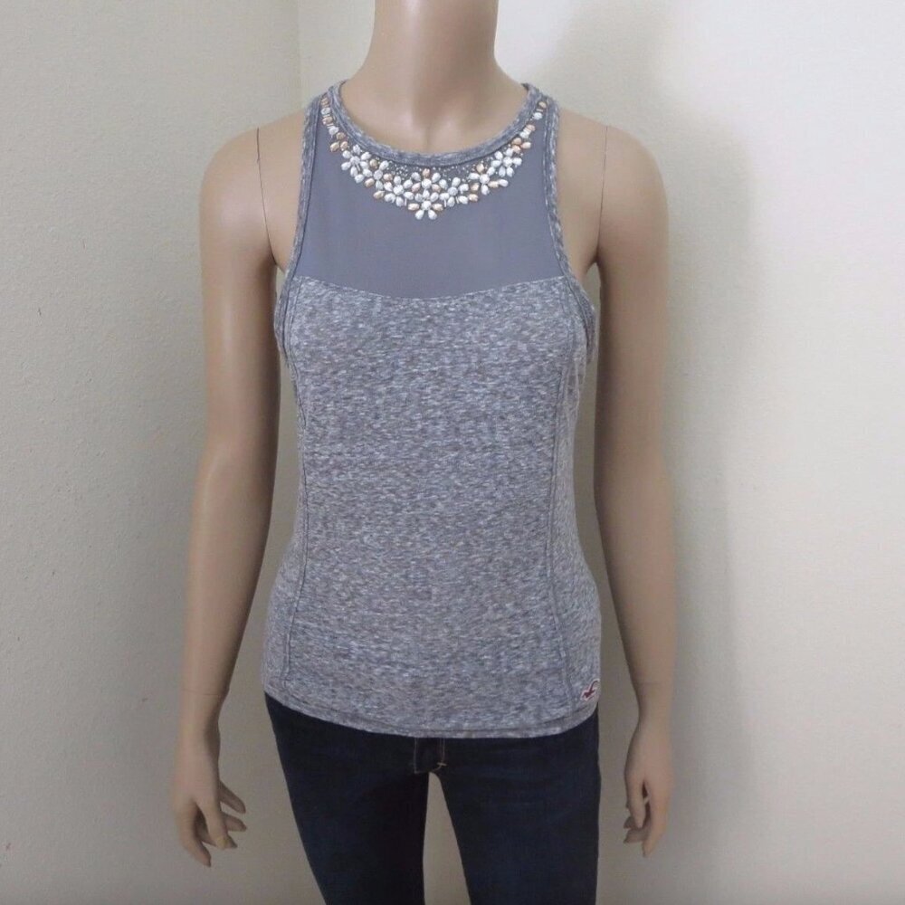 Hollister Beaded Embellished Sleeveless Tank Top Size XS Shirt Marled Gray